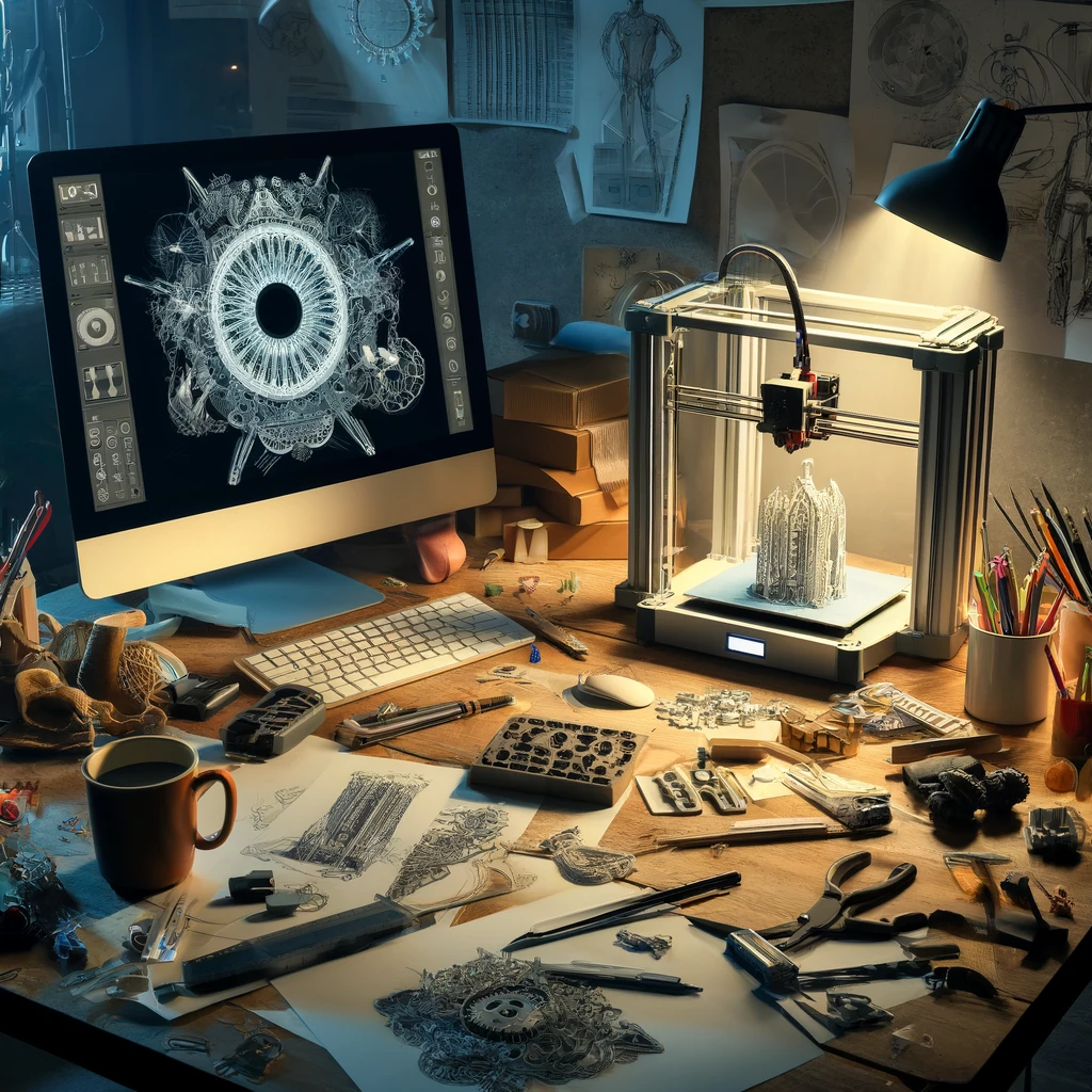 Un bureau d'artiste en désordre avec un écran d'ordinateur affichant un design 3D et une imprimante 3D en train de créer une structure complexe.