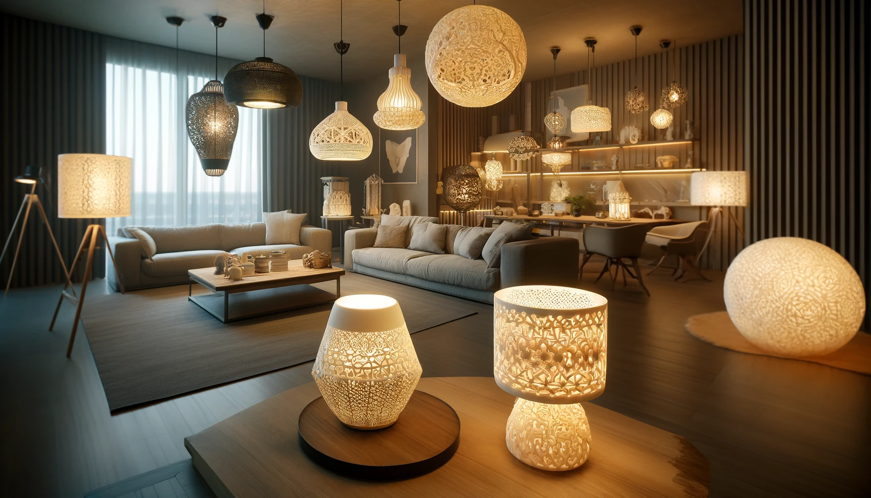 Un salon moderne avec des lampes imprimées en 3D aux formes complexes et designs uniques, créant une ambiance chaleureuse et accueillante