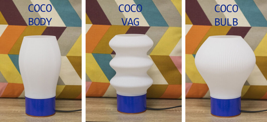 Trois lampes design au style distinct, appelées COCO BODY, COCO VAG et COCO BULB, posées devant un fond coloré à motifs géométriques.