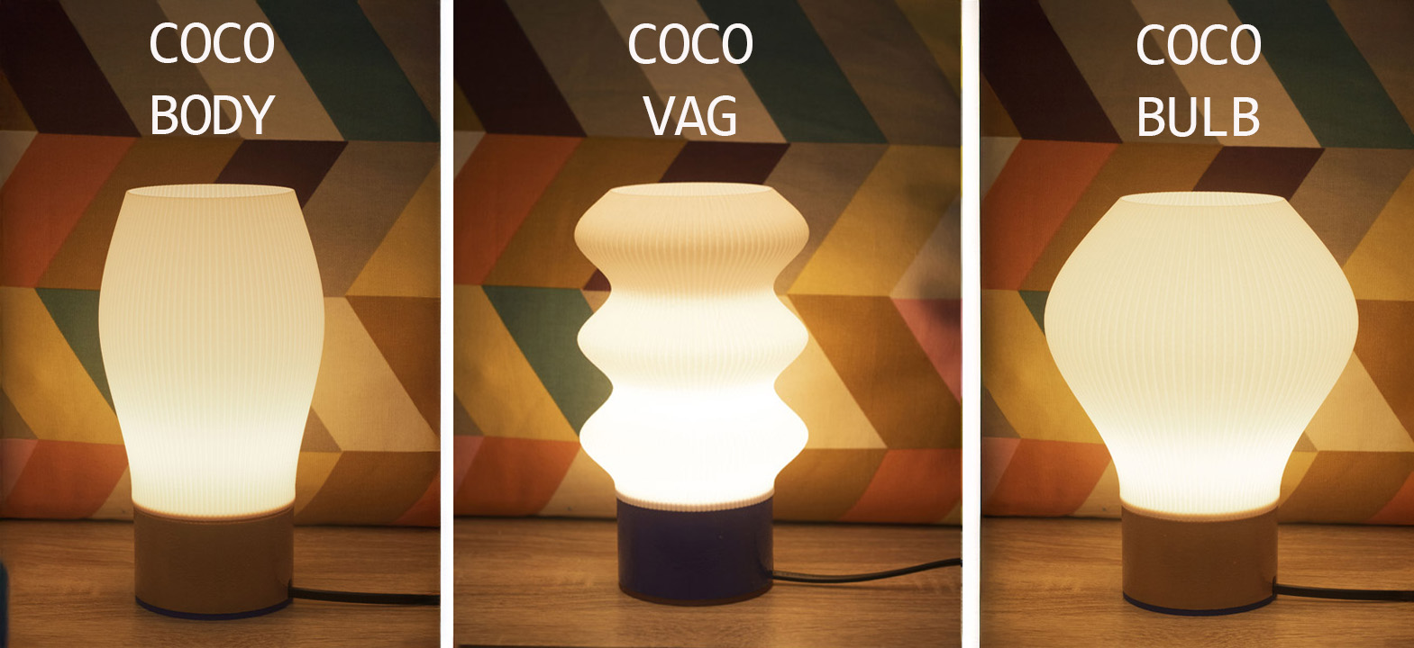 Trois lampes COCO – BODY, VAG et BULB – allumées et diffusant une lumière chaude, devant un mur aux motifs géométriques colorés.