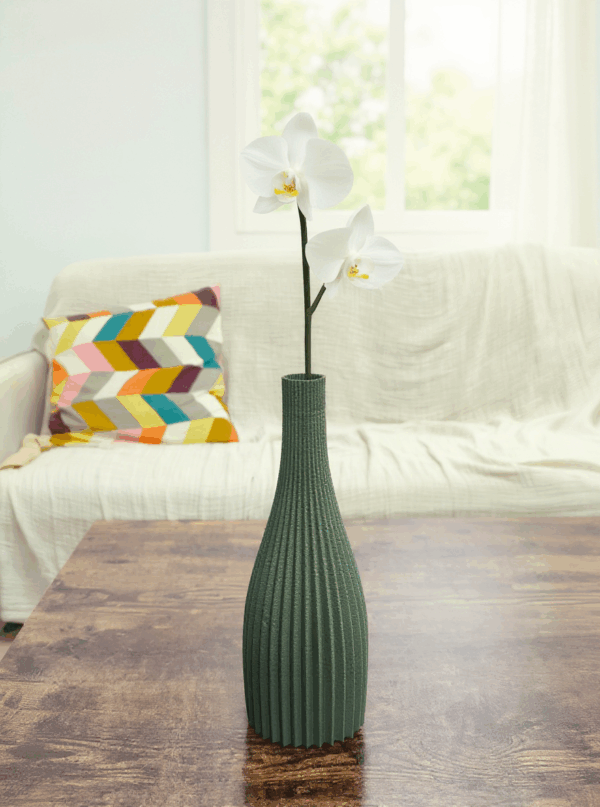 Grand soliflore imprimé en 3D – Vase décoratif éco-responsable pour fleurs séchées – Design nervuré moderne en PLA biodégradable
