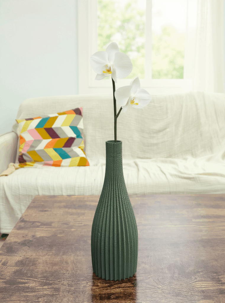 Grand soliflore imprimé en 3D – Vase décoratif éco-responsable pour fleurs séchées – Design nervuré moderne en PLA biodégradable