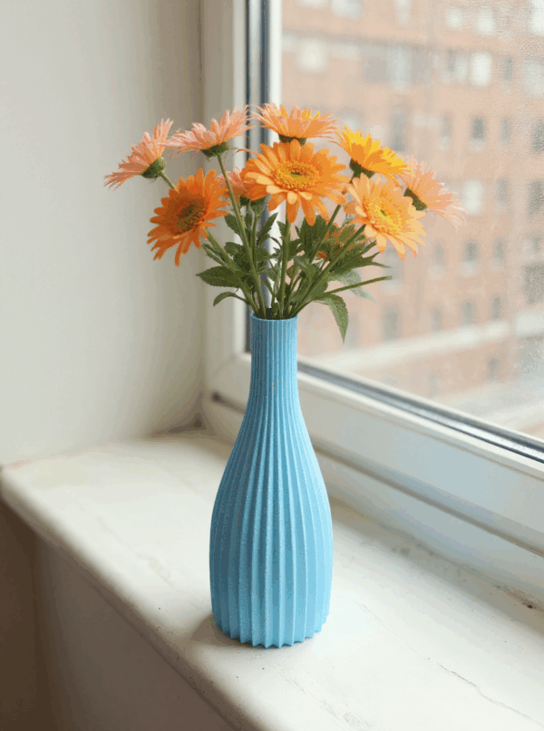 Grand soliflore imprimé en 3D – Vase décoratif éco-responsable pour fleurs séchées – Design nervuré moderne en PLA biodégradable – Image 3